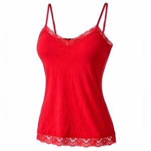 Red Lace Trim Tank Top with Padded Cups